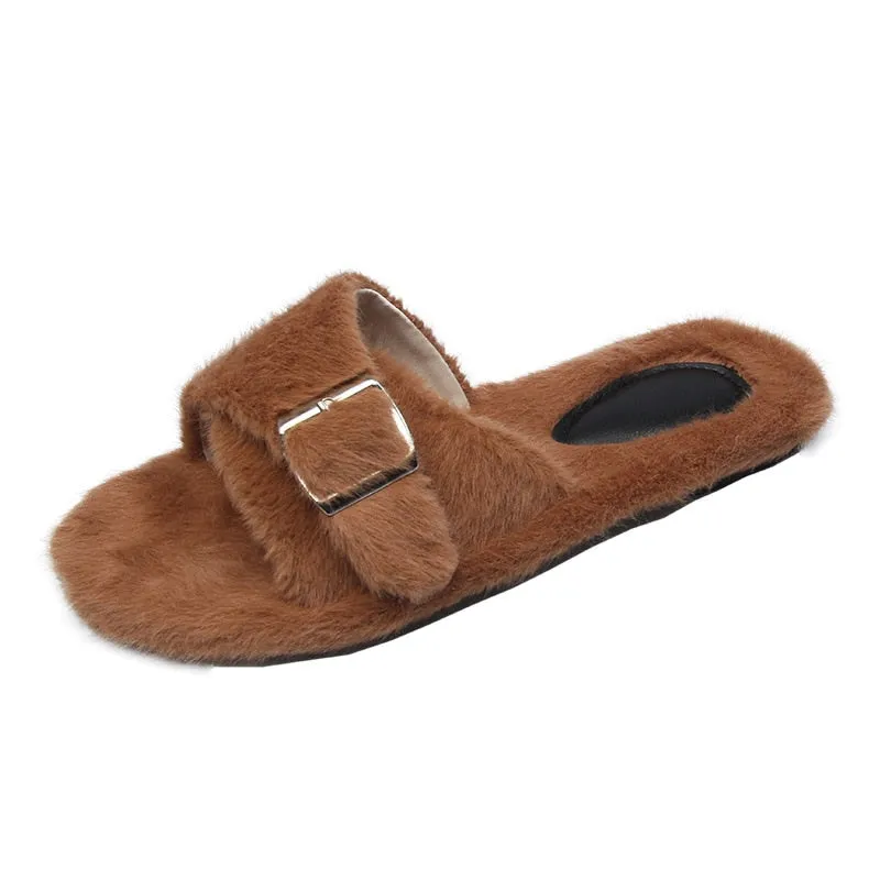 Woman Buckle Flat Female Fur Indoor Outdoor Elegant Slippers