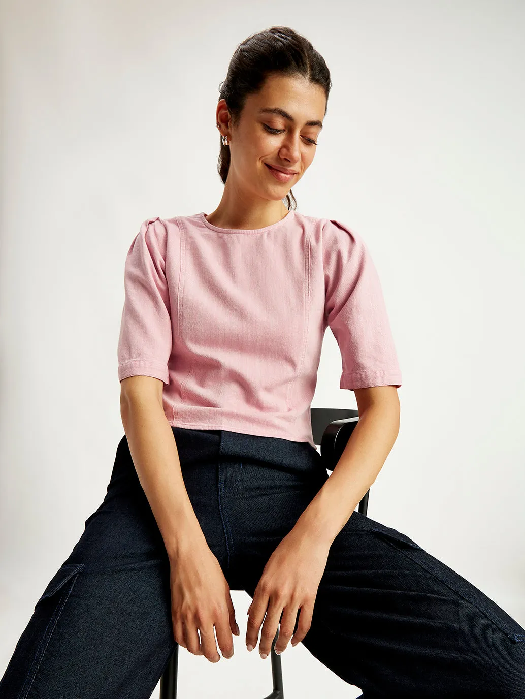Women's Solid Light-Pink Round Neck Top