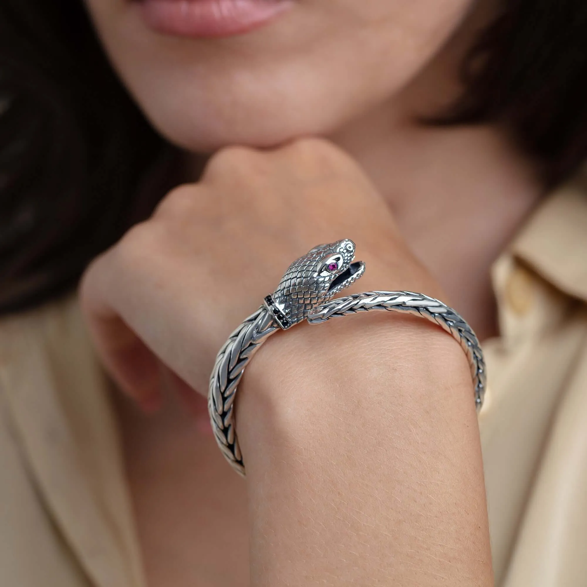 Woven Creatures Snake Bangle with Black Sapphire & Ruby