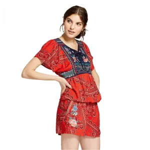 Xhilaration Women's Short Sleeve Embroidered Lace-Up Top Shirt Blouse