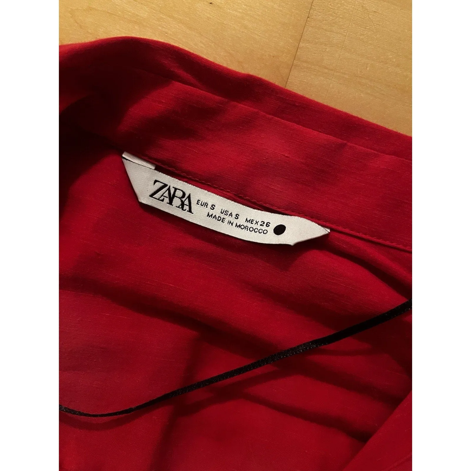 ZARA Women's LINEN BUTTON DOWN SHIRT DRESS WITH RUCHING RED LONG SLEEVE Small