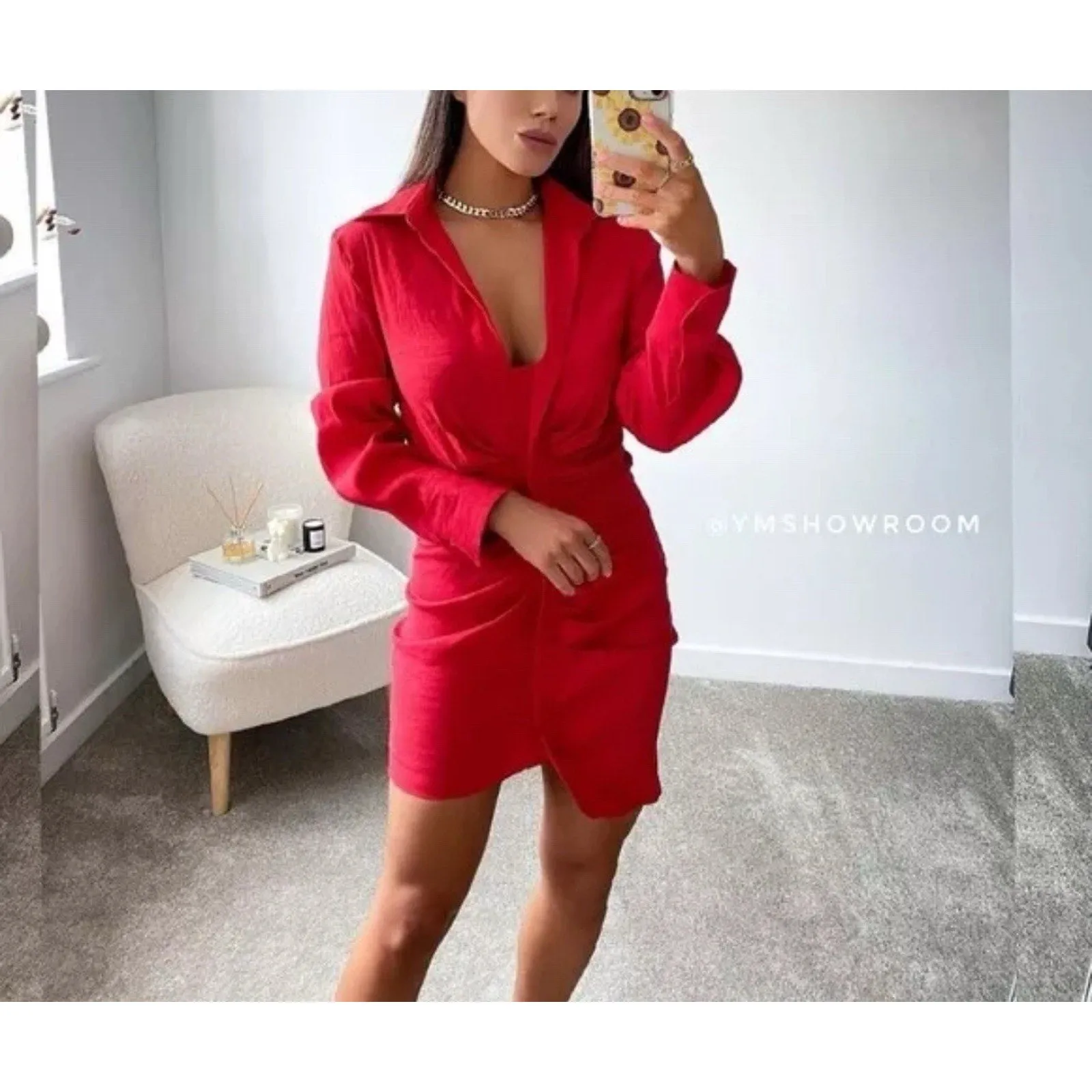 ZARA Women's LINEN BUTTON DOWN SHIRT DRESS WITH RUCHING RED LONG SLEEVE Small