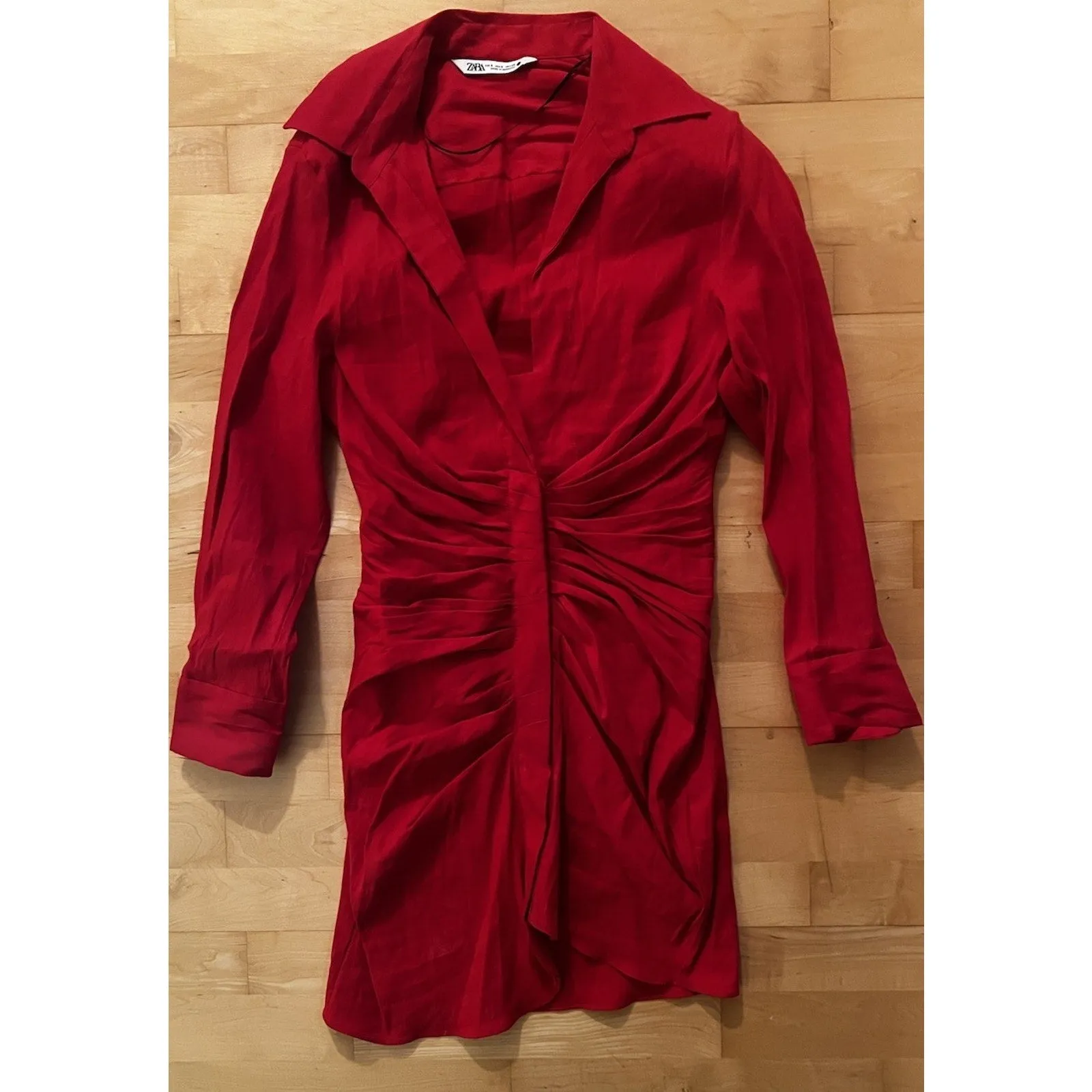 ZARA Women's LINEN BUTTON DOWN SHIRT DRESS WITH RUCHING RED LONG SLEEVE Small