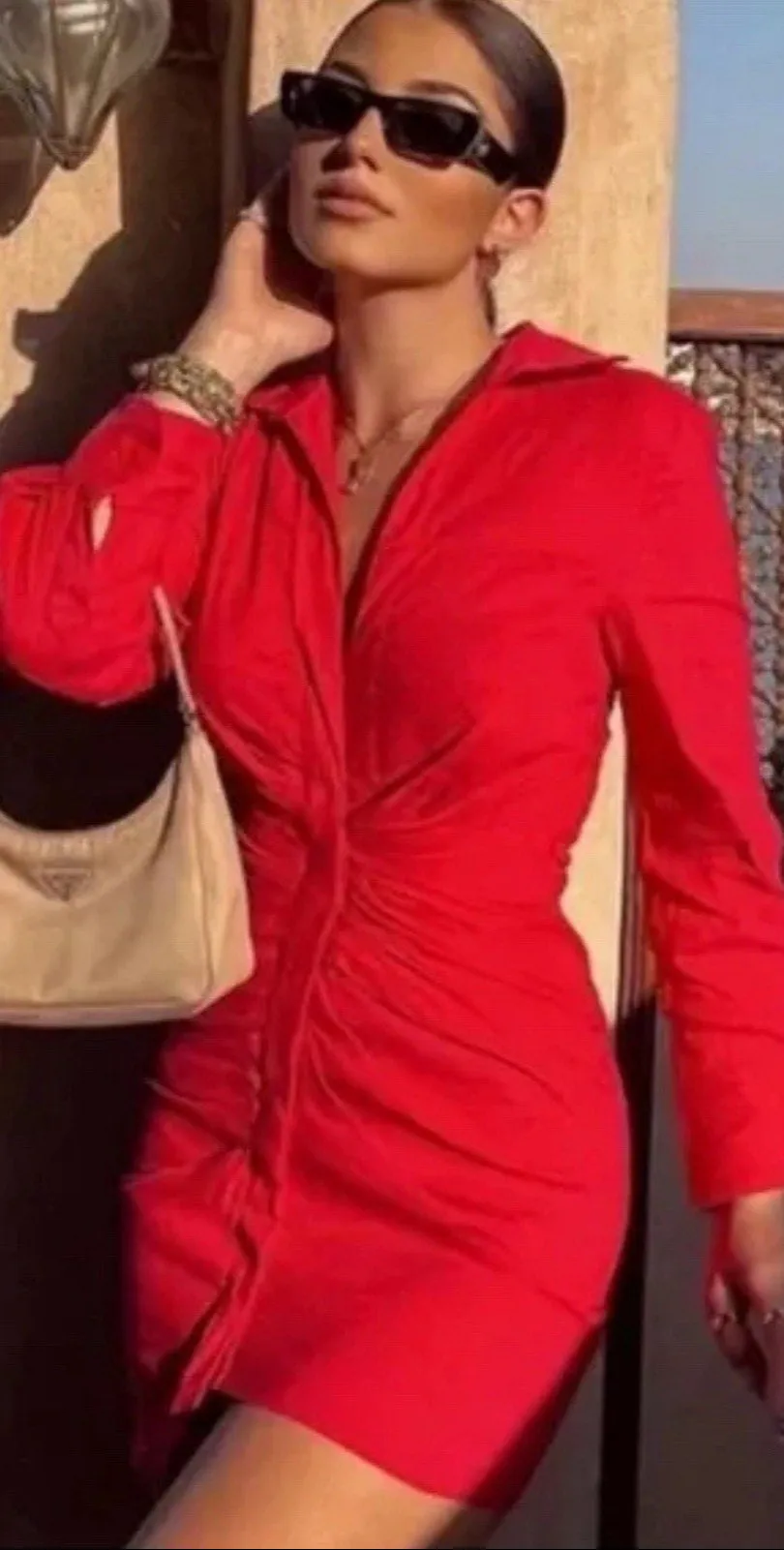 ZARA Women's LINEN BUTTON DOWN SHIRT DRESS WITH RUCHING RED LONG SLEEVE Small